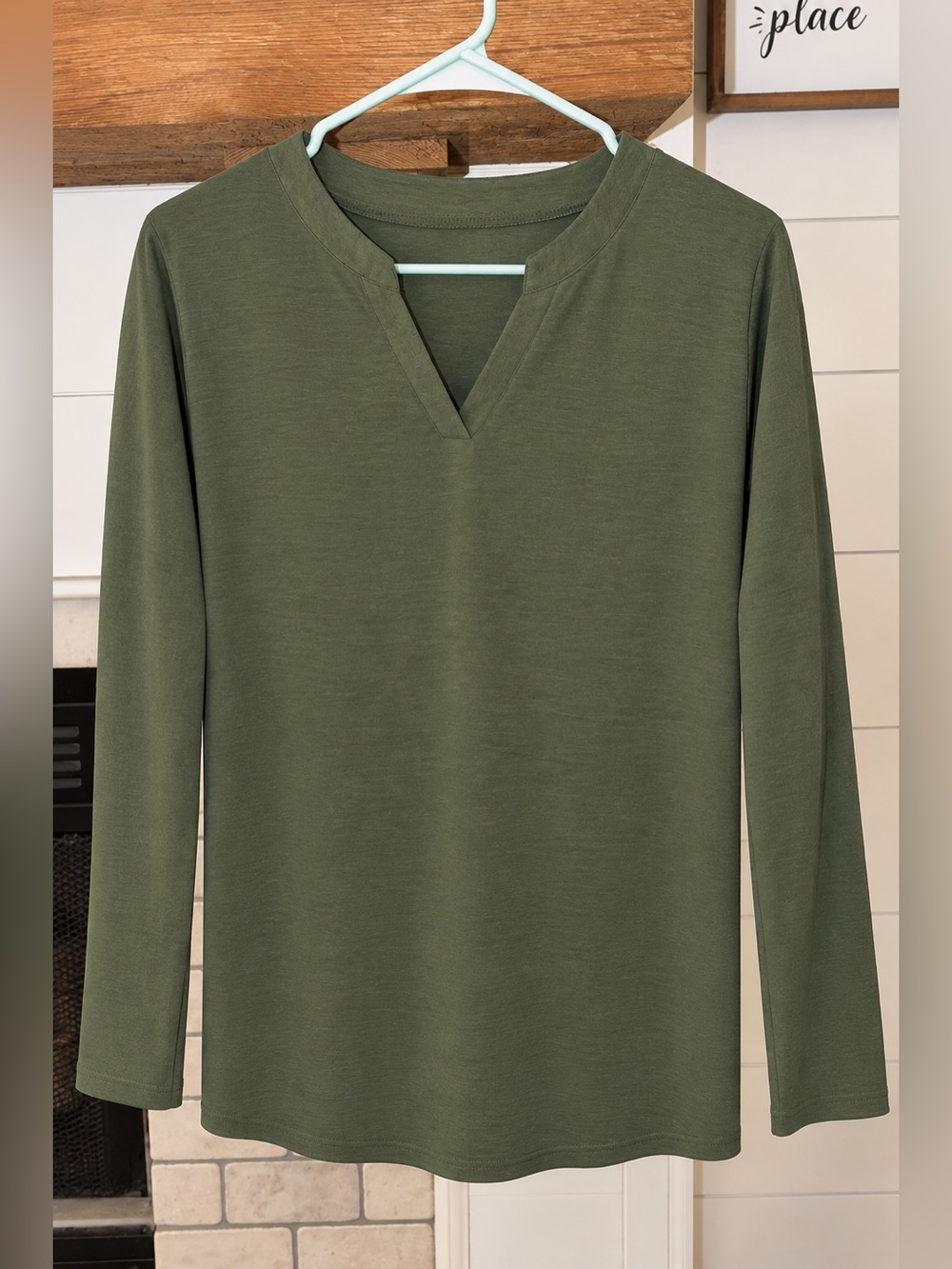 Olive Green Long-Sleeve V-Neck Top Size L